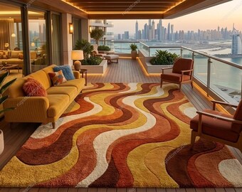 Vintage 70s Retro Wavy Area Rug | Earth Tone Mid Century Modern Carpet | Luxury Balcony Hand Tufted Rug | 8x10, 9x12, 10x14, Custom