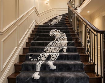 Tiger Stair Runner Rug Handmade Tufted Animal Carpet Unique Staircase Runner Statement Home Decor Gray Black White, Hallway Runner