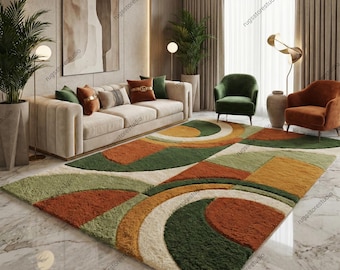 Hand Tufted Wool Rug, Mid Century Abstract Geometric Carpet, Green Rust Statement Area Rug