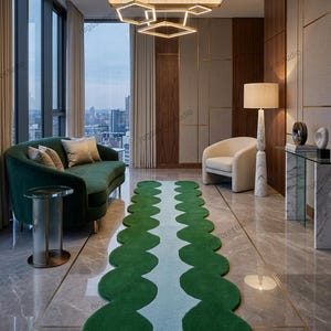 3x14ft Modern Green Abstract Tufted Rug, Wavy Organic Runner Rug, Luxury Hallway Carpet, Handmade Designer Area Rug, Contemporary Home Decor