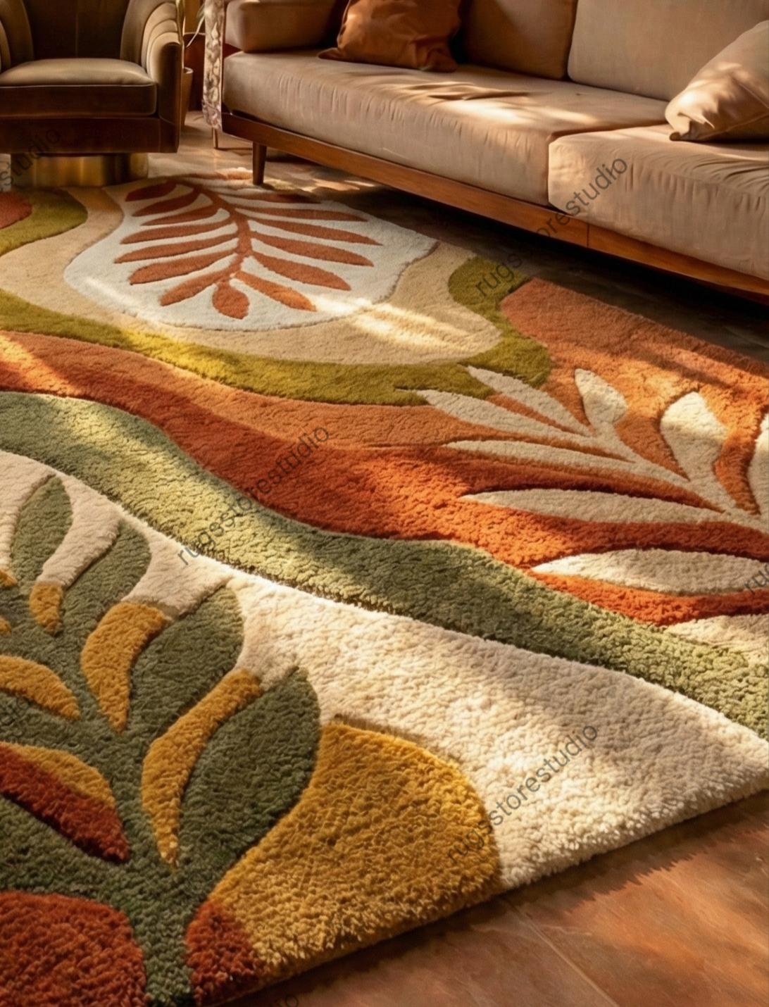 Hand Tufted 70s Retro Style Rug Mustard Yellow With Black Abstract ...