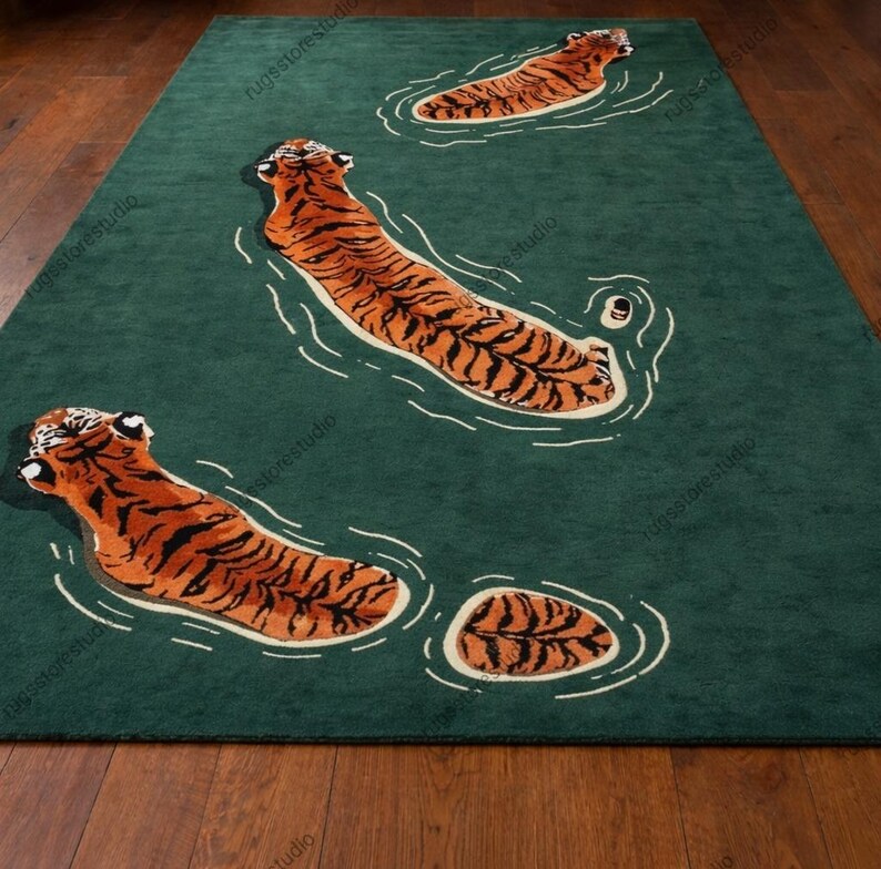 Hand Tufted Tiger Rug, Luxury Green Statement Area Rug, Wildlife Art ...