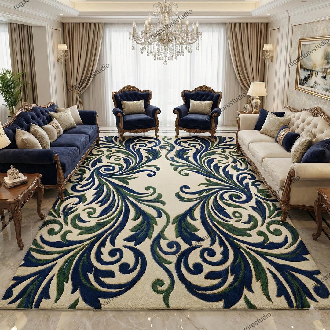 Hand Tufted Wool Area Rug | Blue Green Floral Scroll Design - Etsy