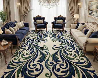 Hand Tufted Wool Area Rug | Blue Green Floral Scroll Design