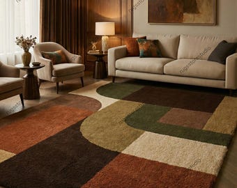 Hand Tufted Wool Rug, Mid Century Modern Geometric Abstract Rug, Brown Green Cream Living Room Decor, Contemporary Handmade Area Rug