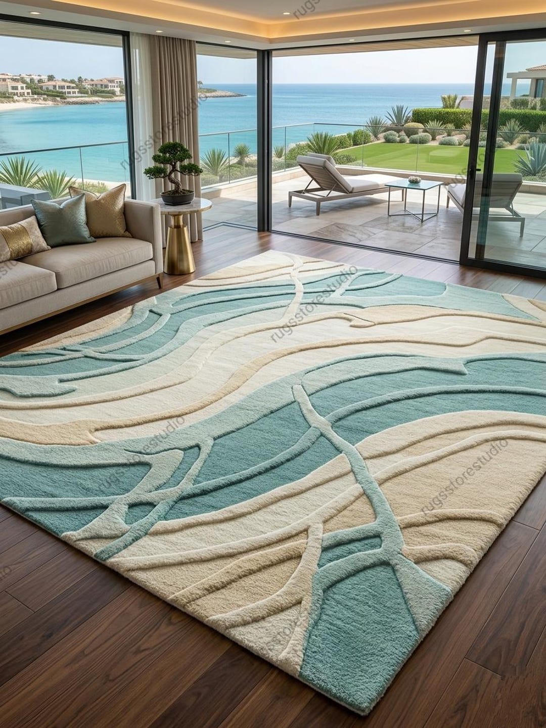 Luxury Coastal Abstract Area Rug | Hand Tufted Aqua Blue & Cream Wavy ...