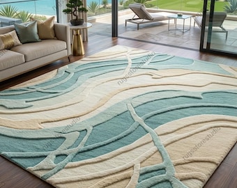 Luxury Coastal Abstract Area Rug | Hand Tufted Aqua Blue & Cream Wavy Carpet | Modern Textured Living Room Rug | 8x10, 9x12, 10x14, Custom