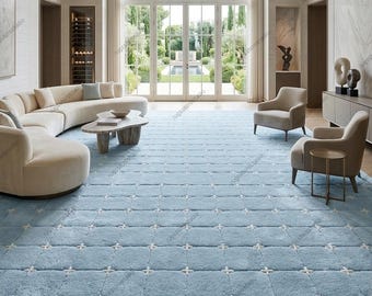 Geometric Grid Area Rug Modern Minimalist Hand Tufted Wool Checkerboard Cross Light Blue White Plush Pile 8x10 9x12 Custom Sizes
