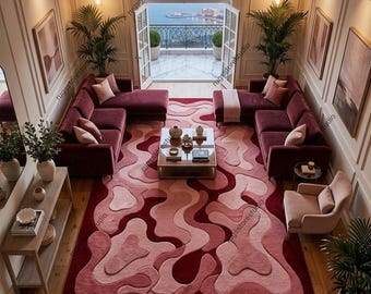 Hand Tufted Abstract Wavy Rug High Low Pile 6x9 Ft 70s Retro Area Rug Burgundy Pink 3D Carved Carpet for Living Room 8x10 Ft