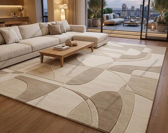 Abstract Geometric Area Rug Modern Minimalist Hand Tufted Wool Organic Shapes Beige Cream Taupe Thick Plush Pile 8x10 9x12 Custom Sizes