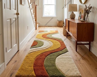Abstract Wavy Runner Rug Mid Century Modern Hand Tufted Wool Retro Swirl Hallway Carpet Terracotta Mustard Green Thick Plush Custom Sizes
