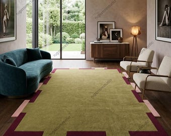 Modern Art Inspired Wool Carpet with Geometric Cut Border – Olive Green Rug