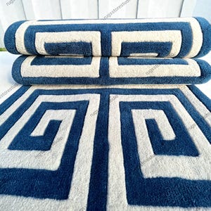 4x14ft Hand-Tufted Wool Runner Rug: blue & White Geometric Design hallway runner rug 3x14ft