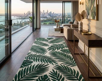 Tropical Palm Leaf Runner Rug 4x10 FT, Green Botanical Hallway Rug, Modern Coastal Floor Carpet, Luxury Handmade Area Rug, Living Room decor