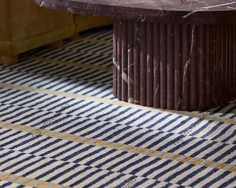 Hand Tufted Wool Stripe Rug 8x10, Minimalist Designer Area Carpet, Modern Blue Cream Luxury Living Room Rug