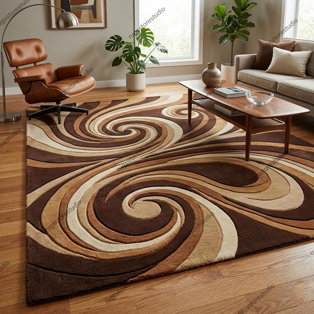 Abstract Swirl Area Rug Mid Century Modern Hand Tufted Wool Wavy Carpet Brown Beige Cream Plush Pile Living Room Rug 8x10 9x12 Custom Sizes