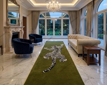 Leopard Print Runner Rug 2.5x14 ft, Green Animal Print Hallway Runner, Modern Safari Rug, Long Corridor Carpet, Entryway Rug, Tufted Rug