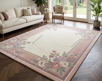 Hand Tufted Floral Area Rug Pink Cream Botanical Border Vintage Style Carved Plush Carpet Living Room Bedroom Decor 8x10