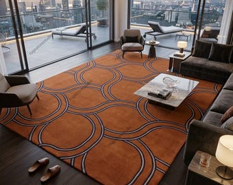 Handmade Rust Orange Geometric Area Rug | Mid Century Modern Wavy Carpet | Retro 70s Hand Tufted Rug | Luxury Penthouse Decor | 8x10, 10x14