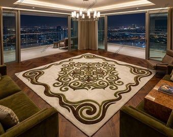 Hand Tufted Art Nouveau Rug, Green & Cream Swirl Area Rug, Large Square Wool Carpet for Living Room, Vintage Botanical Floor Decor