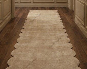 Hand Tufted Wool, Scalloped Edge Runner Rug, Neutral Beige Hallway Rug, Modern Minimalist Wool Carpet, Luxury Corridor Rug Decor