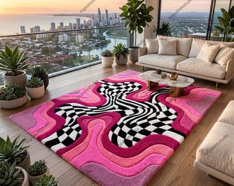 Pink Wavy Checkerboard Rug | Trippy Psychedelic Tufted Area Rug | Y2K Retro Funky Room Decor | Maximalist Custom Floor Mat