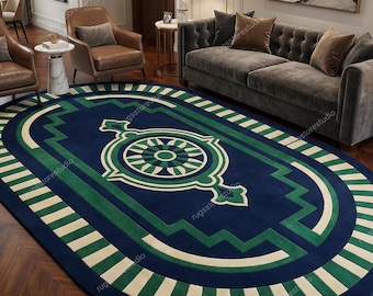 Hand Tufted Oval Geometric Rug, Navy Blue Green Luxury Wool Carpet, Modern Medallion Living Room Statement Rug