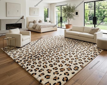 Leopard Print Area Rug Cream Animal Pattern Hand Tufted Wool Carpet Maximalist Living Room Decor Large Bedroom Aesthetic Custom Rug 8x10