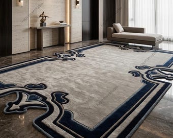 Premium Hand Tufted Wool Rug, Geometric Cut Out Edges Carpet, Exclusive Navy Blue Border Rug for Living Room Bedroom, Modern Home Decor 9x12