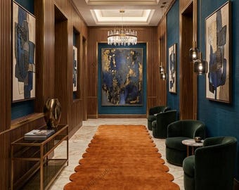 Rust Scalloped Runner Rug, Handmade Tufted Hallway Rug, Burnt Orange Minimalist Runner, Luxury Carpet, Entryway Kitchen Rug, Custom Size