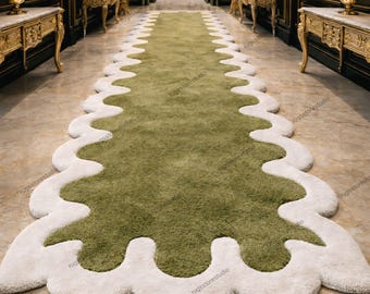 Green Scalloped Hand Tufted Runner Rug | Wavy Handmade Tufted Luxury Carpet | Modern Minimal Hallway Rug Hallway runner rug 3x14ft