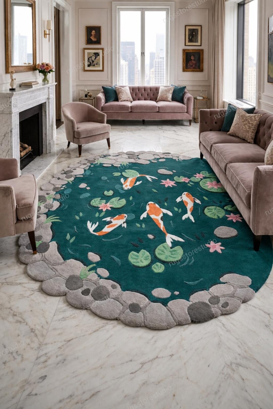 Pond Rug Abstract Hand Tufted Koi Fish Pond Rug, Custom Irregular Lily Pad Carpet, Luxury ...