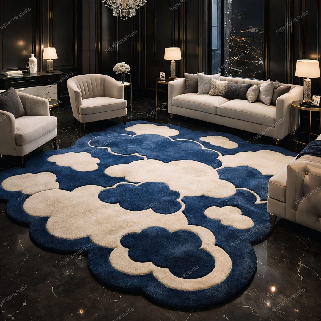 Cloud Shape Rug 4x6ft Luxury Hand Tufted Cloud Shape Rug Modern Abstract Blue & Ivory ...