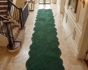 Green Botanical Runner Rug, Hand Tufted Leaf Design Rug, Luxury Hallway Runner, Sculpted Modern Area Rug, Custom Size Entryway Carpet