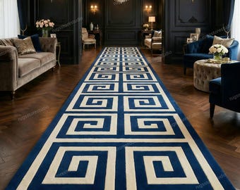 4x14ft Hand-Tufted Wool Runner Rug: blue & White Geometric Design hallway runner rug 3x14ft