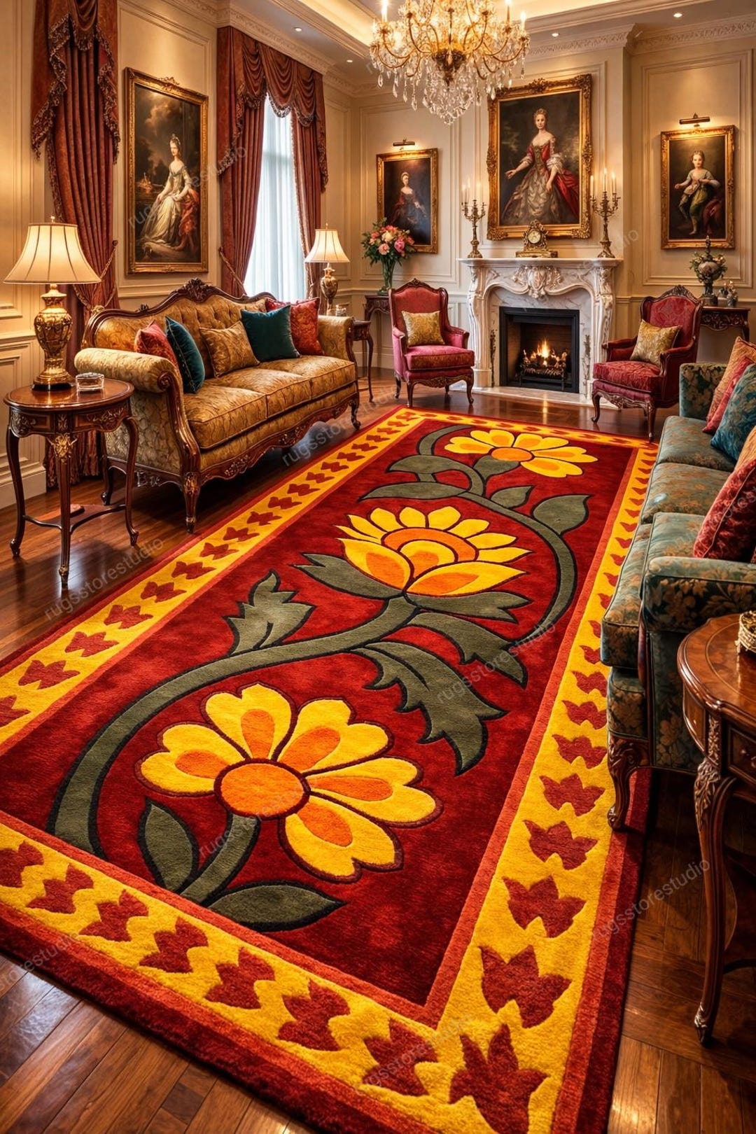 Red Yellow Rugs Luxury Hand Tufted Floral Rug, Red Yellow Large Area Rug, Custom Flower ...