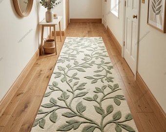 Botanical Vine Runner Rug Organic Modern Hand Tufted Wool Hallway Carpet Sage Green Ivory Leaf Pattern Plush Pile Entryway Runner 2x8 3x10