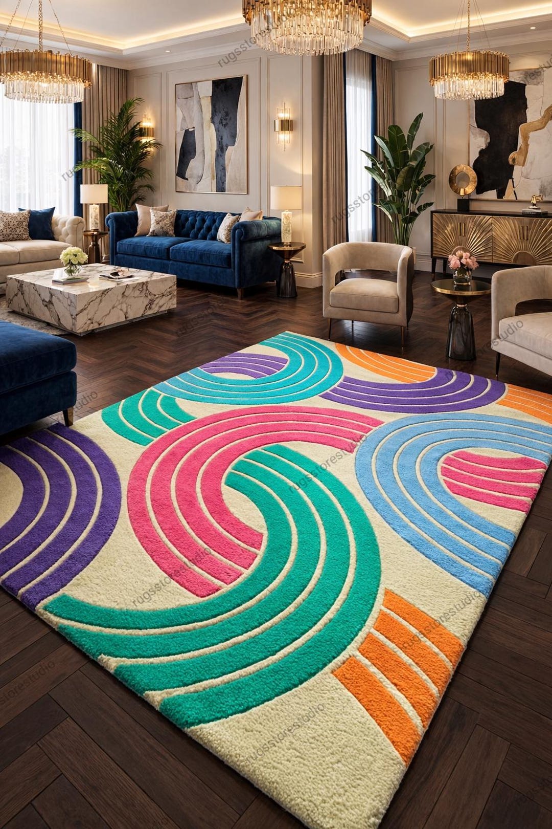 Hand Tufted Rainbow Abstract Area Rug, Colorful Modern Geometric Carpet ...