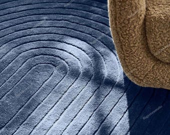 Blue Wavy Area Rug Mid Century Modern Hand Tufted Wool 3D Carved Arch Thick Plush Nursery Living Room Rectangle 8x10 9x12 Custom Size