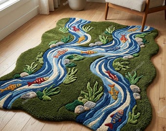 3D River Fish Tufted Rug, Custom Koi Pond Carpet, Sculpted Wool Moss Rug, Japanese Zen Stream Area Rug, Nature Decor 5x7 8x10 Custom Size.