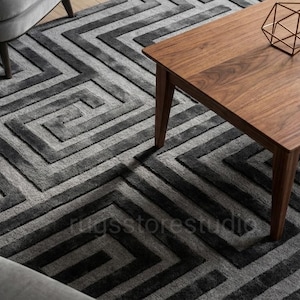 Hand Tufted Modern Geometric Area Rug, Black Grey Abstract Pattern Rug, Minimalist Living Room Carpet, Luxury Rug, Scandinavian Home Decor