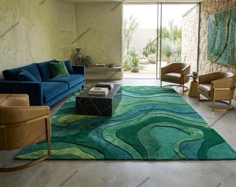 Emerald Green Wool Wave Rug, Hand Tufted Abstract Sculpted Carpet