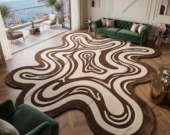 Irregular Abstract Organic Shape Area Rug Modern Luxury Hand Tufted Wool Swirl Carpet Brown Cream High Low Plush Pile 8x10 9x12 Custom Sizes