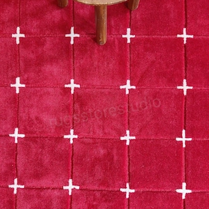 Red Hand Tufted Rug, Modern Geometric Grid Rug, Minimalist Area Rug, White Cross Pattern Carpet, Living Room Bedroom Decor Rug