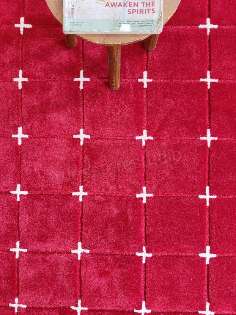 Red Hand Tufted Rug, Modern Geometric Grid Rug, Minimalist Area Rug, White Cross Pattern Carpet, Living Room Bedroom Decor Rug