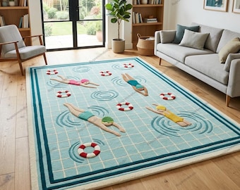 Swimming Pool Area Rug 3D Tufted Swimmer Design Playful Pop Art Coastal Decor Plush Living Room Carpet Rectangular 8x10