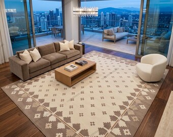 Geometric Border Area Rug Modern Minimalist Hand Tufted Wool Moroccan Carpet Beige Taupe Cream Plush Pile Living room 8x10 9x12 Custom Rug