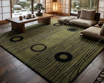 Bamboo Japanese Zen Area Rug Japandi Hand Tufted Wool Forest Green Moss Black Circular Pattern Thick Plush Pile 5x7 8x10 Custom Size Rug