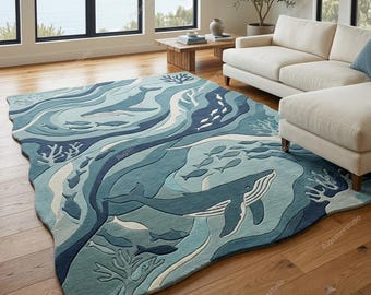Ocean Whale Hand Tufted Wool Rug | 3D Carved Marine Life Nursery Carpet | Blue Underwater Coastal Room Decor | Irregular Shaped Area Rug