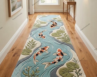 Koi Fish Pond Runner Area Rug Japandi Botanical Hand Tufted Wool Blue Sage Green Thick Plush 3D Carved Hallway Runner 2x14 3x16 Custom Size